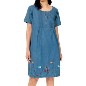 Country Store Denim Pintuck Mini Shift Dress 1X Blue Embroidered Cottage‎ Cotton